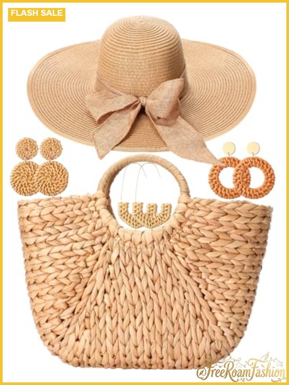 Straw Beach Bag Floppy Sun Hat Rattan Earrings 5 Pc Summer Set